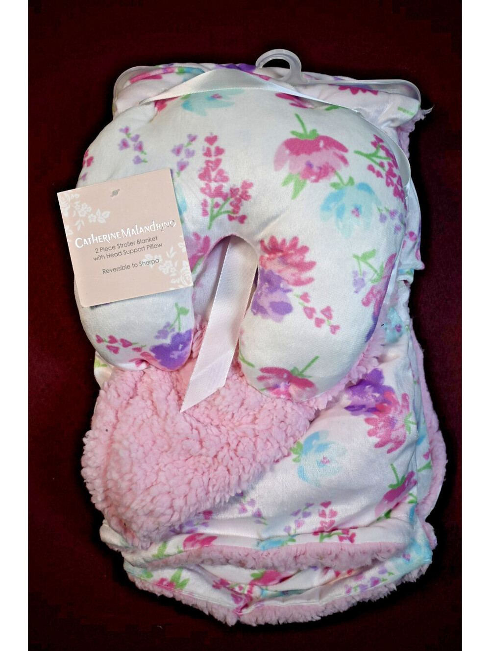catherine malandrino 2 Pice Stroller Blanket Head Support Pillow Floral Sherpa